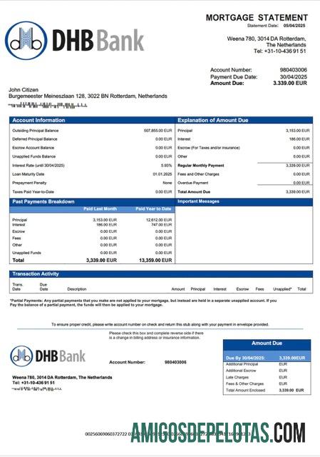 realista Modelo Word e PDF de declaração de hipoteca bancária DHB da Holanda
